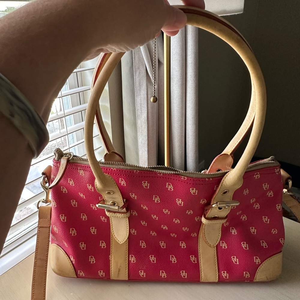 Dooney & Bourke Red and Tan Satchel with Monogram Pattern